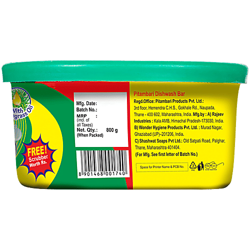 Pitambari Dishwash Bar, 800 g Powerful Lemon Fragrance
Removes Tough Stains