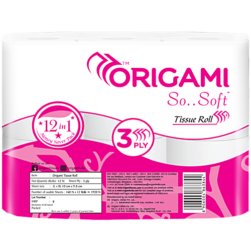 Origami 3 Ply Toilet Tissue Paper Roll, 12 pcs (160 Pulls each) 1920 Pulls Total