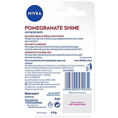 Nivea Pomegranate Shine Lip Balm - 24h Moisture With Natural Oils, Dark Red Shine & Pomegrenate Aroma, 4.8 g  With Natural Oils