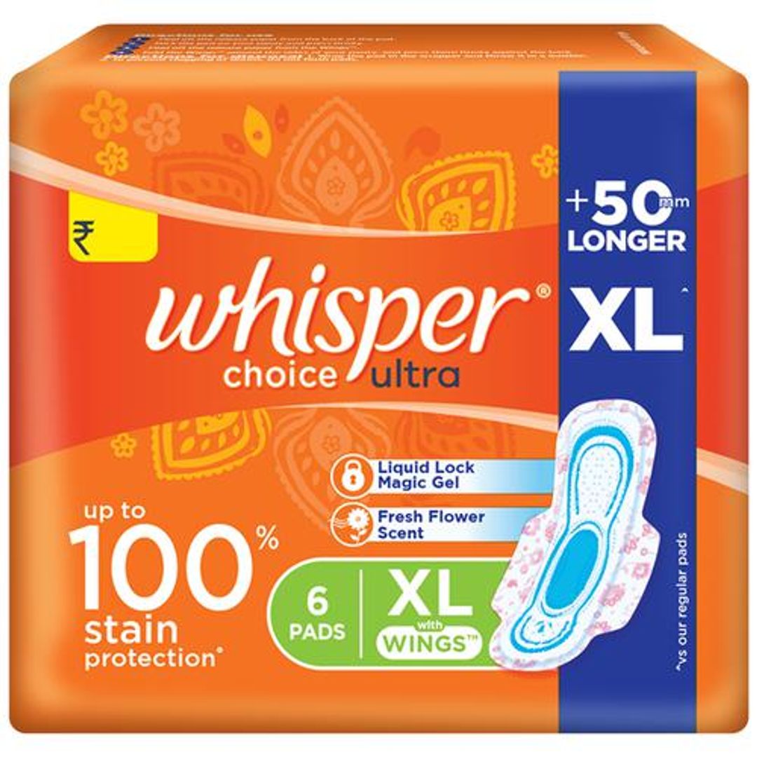 Whisper  Choice Ultra Sanitary Pad - With Fresh Flower Scent, Protects From Stains, XL, 6 pcs 