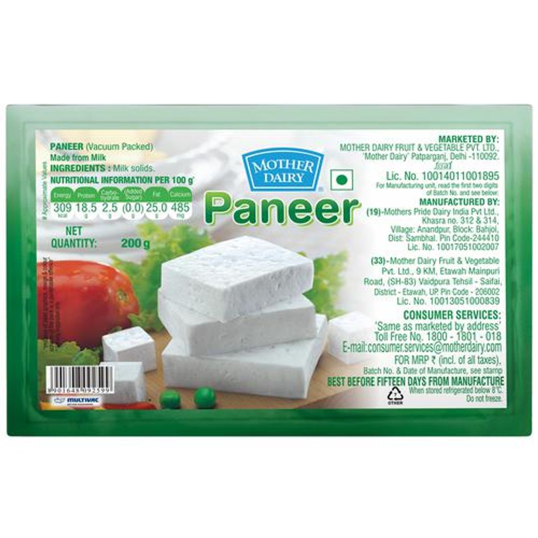 Mother Dairy Fresh Paneer, 200 g Pouch