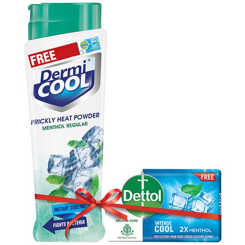 Dermi Cool Prickly Heat Powder - Menthol Regular, 150 g (Get Free Dettol Cool Soap) 