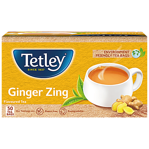 Tetley Ginger Zing Tea - Flavoured, Assam Blend, Staple-Free, Environment Friendly Bags, 100 g (50 Bags x 2 each)