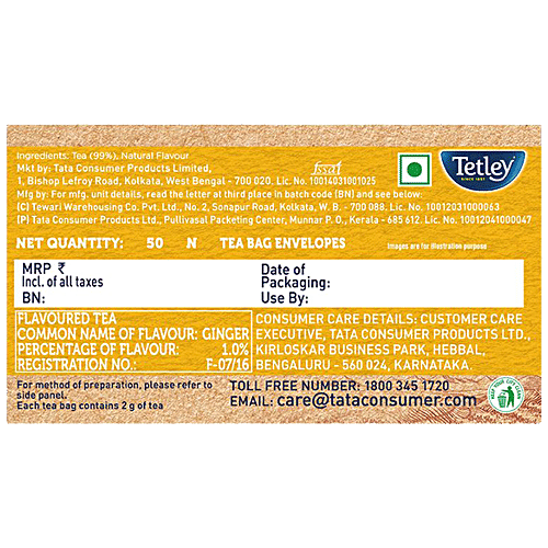 Tetley Ginger Zing Tea - Flavoured, Assam Blend, Staple-Free, Environment Friendly Bags, 100 g (50 Bags x 2 each)