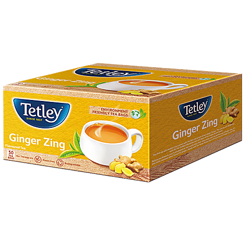 Tetley Ginger Zing Tea - Flavoured, Assam Blend, Staple-Free, Environment Friendly Bags, 100 g (50 Bags x 2 each)