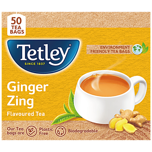 Tetley Ginger Zing Tea - Flavoured, Assam Blend, Staple-Free, Environment Friendly Bags, 100 g (50 Bags x 2 each)