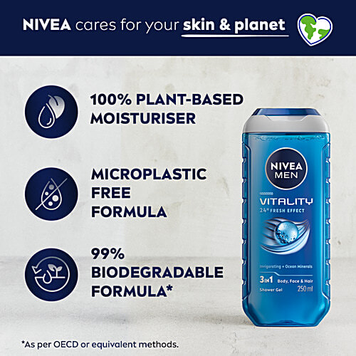 Nivea Men Vitality Fresh Effect 3 In 1 Shower Gel, 250 ml  With Ocean Minerals For Body, Face & Hair