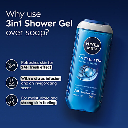 Nivea Men Vitality Fresh Effect 3 In 1 Shower Gel, 250 ml  With Ocean Minerals For Body, Face & Hair
