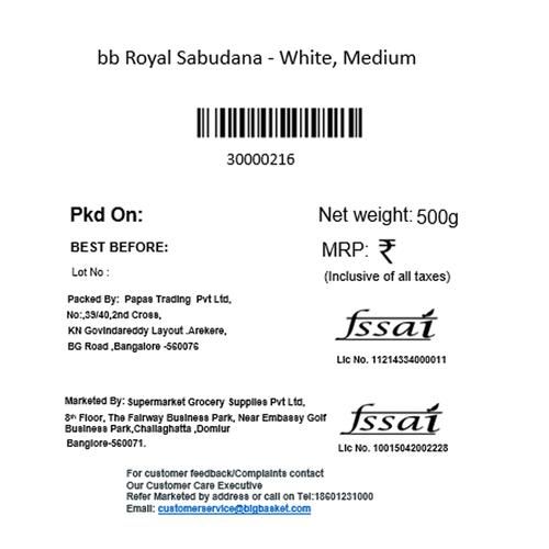 BB Royal Sabudana - White, Medium, 500 g Pouch 