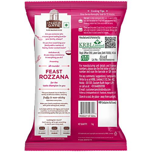 India Gate Feast Rozzana Basmati Rice, 1 kg  Aged, Fluffy & Non-Sticky