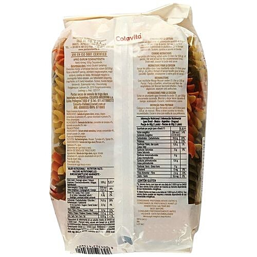 Colavita Durum Wheat Pasta - Eliche Tricolore, 500 g Pouch Zero Cholesterol