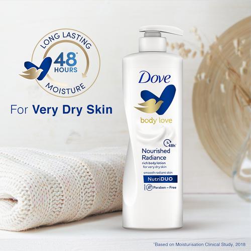 Dove Nourishing Body Care Nourished Radiance Rich Body Lotion - For Dry Skin, Nutriduo Deep Care + Moisture Lock, 400 ml  Nutriduo Deep Care + Moisture Lock