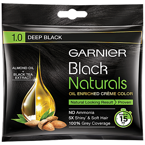 Garnier Black Naturals Hair Colour, 20 ml + 20 g 1,Deep Black 100% Grey Coverage & No Ammonia