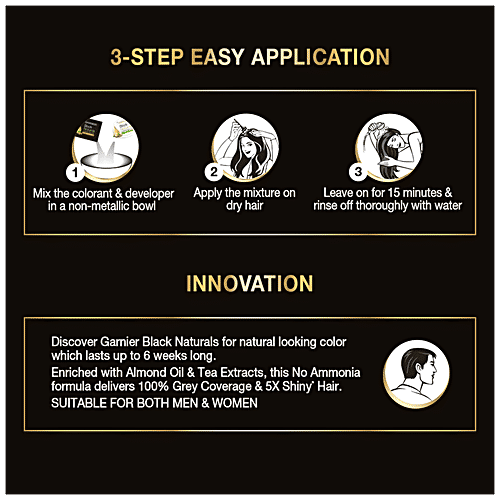 Garnier Black Naturals Hair Colour, 20 ml + 20 g Shade 2, Original Black 100% Grey Coverage & No Ammonia