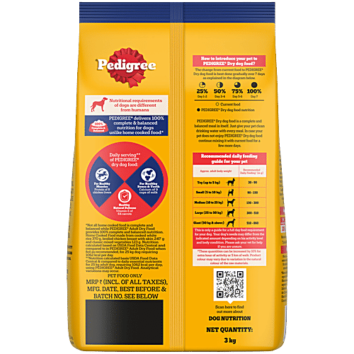 Pedigree Adult Dry Dog Food, Chicken & Vegetables, 3 kg, 3 kg, 100% Complete & Balanced Food for Adult Dogs, 3 kg Healthy Muscles & Bones, Healthy Digestive System, Shinier Coat, High Quality Protein & Calcium
