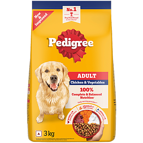 Pedigree Adult Dry Dog Food, Chicken & Vegetables, 3 kg, 3 kg, 100% Complete & Balanced Food for Adult Dogs, 3 kg Healthy Muscles & Bones, Healthy Digestive System, Shinier Coat, High Quality Protein & Calcium