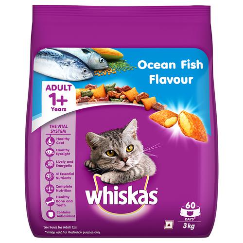 Whiskas Dry Cat Food - Ocean Fish Flavour For Adult Cats, +1 Year, 3 kg  