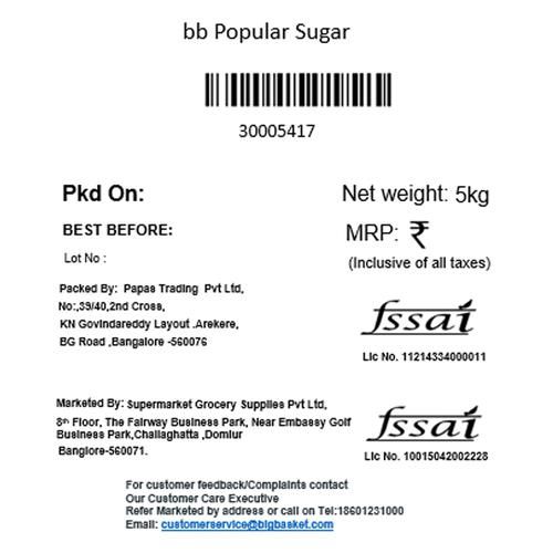 BB Popular Sugar/Sakkare, 5 kg  Free of Synthetic Chemicals & Pesticides
