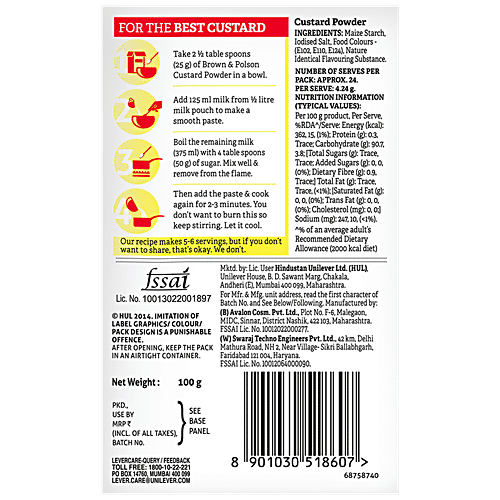 Brown & Polson Custard Powder - Vanilla flavour, 100 g Carton 