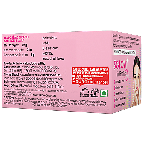 Fem CrÃ¨me Bleach - Saffron & Milk, Healthy Glow, No Added Silicones, No Added Parabens, 24 g  No Added Silicones, No Added Parabens