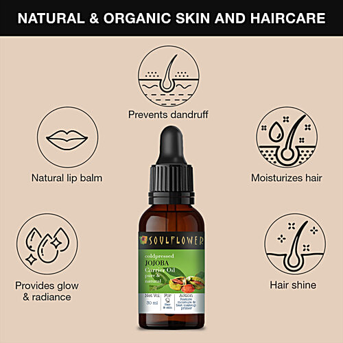 Soulflower Jojoba Carrier Oil - For Smooth & Shiny Hair, Face & Body, 100% Pure, Cold-Pressed, 30 ml Pure & Natural