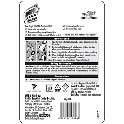 Harpic Hygienic Toilet Cleaner Rim Block - Citrus, 26 g