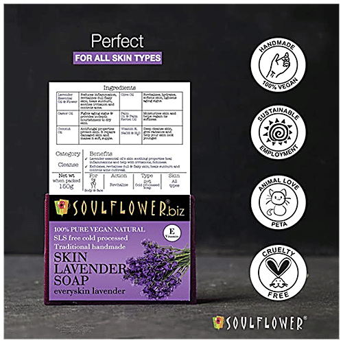 Soulflower Organic Handmade Skin Lavender Bar Soap With Lavender Oil - Relax Rejuvenate Skin, 150 g