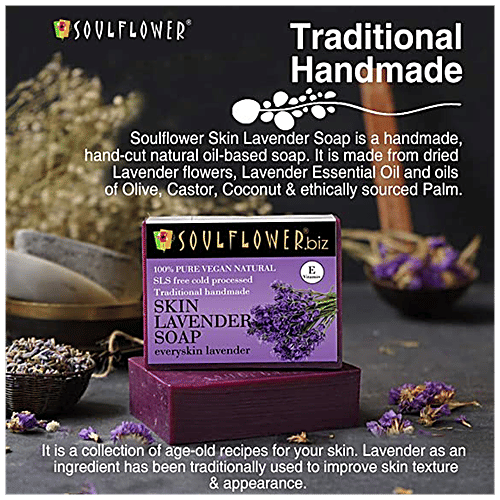 Soulflower Organic Handmade Skin Lavender Bar Soap With Lavender Oil - Relax Rejuvenate Skin, 150 g