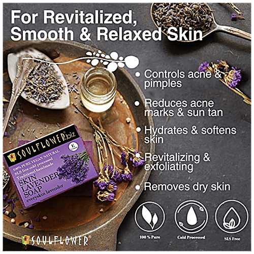 Soulflower Organic Handmade Skin Lavender Bar Soap With Lavender Oil - Relax Rejuvenate Skin, 150 g