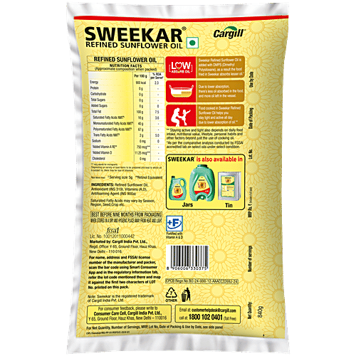 Sweekar Refined Sunflower Oil, 840 g Pouch Low Absorb Oil