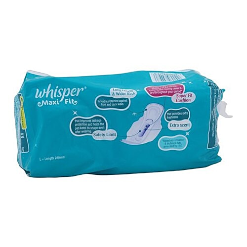 Whisper Sanitary Pads - Maxi Fit L Wings, 8 pcs  Super Fit Cushion, Long Length & Wider Back