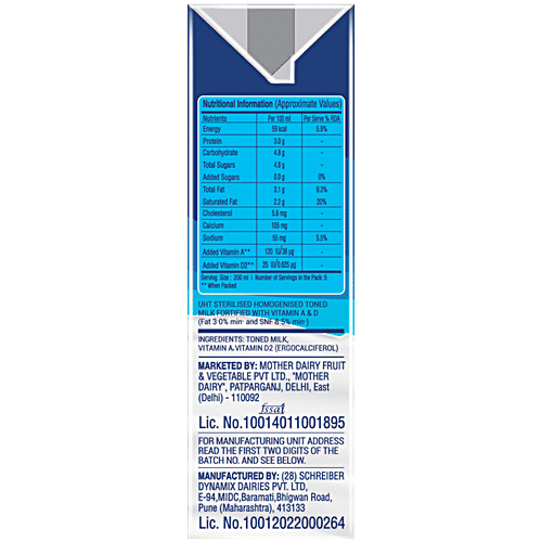 Mother Dairy UHT - Sterilised Toned Milk, 1 L Carton Creamy & Tasty