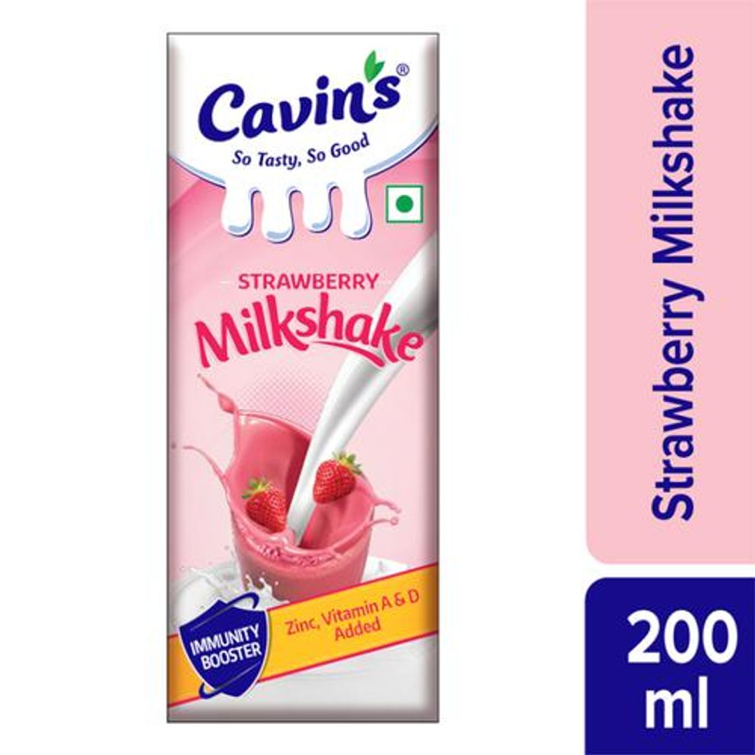 Cavins Strawberry Milkshake - With Zinc, Vitamin A & D Added, Immunity Booster, 200 ml Tetra Pack
