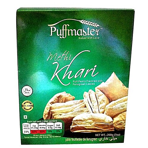 Puffmaster Methi Khari - Puff Pastry Flavored with Fenugreek Leaves, 200 g  Zero Sugar