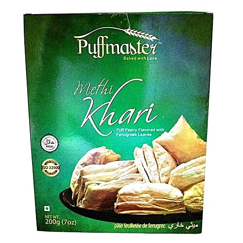Puffmaster Methi Khari - Puff Pastry Flavored with Fenugreek Leaves, 200 g  Zero Sugar