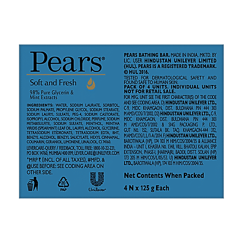 Pears Original Glycerin Soap Bar - Soft & Fresh Glow, 125 g (Pack of 4) 98% Pure Glycerin, Mint Extracts