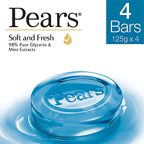 Pears Original Glycerin Soap Bar - Soft & Fresh Glow, 125 g (Pack of 4) 98% Pure Glycerin, Mint Extracts