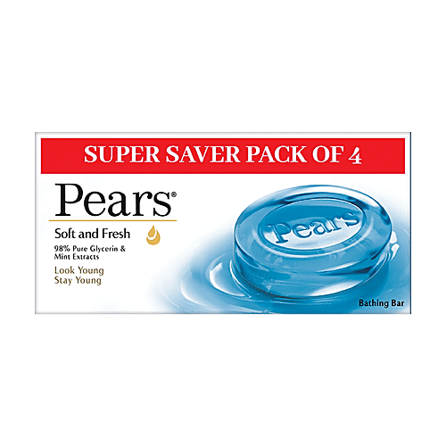 Pears Original Glycerin Soap Bar - Soft & Fresh Glow, 125 g (Pack of 4) 98% Pure Glycerin, Mint Extracts