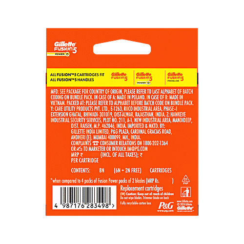 Gillette Fusion Power Blades for men  Perfect Shave and Perfect Beard Shape Pack of 8 Cartridges, 8 pcs  5 Blades, Precision Trimmer