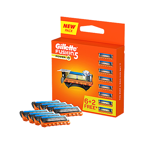 Gillette Fusion Power Blades for men  Perfect Shave and Perfect Beard Shape Pack of 8 Cartridges, 8 pcs  5 Blades, Precision Trimmer