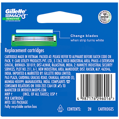 Gillette Mach3 Sensitive Manual Shaving Blades for MenPack ofÂ  Cartridges, 2 pcs  With Indicator Lubrastrip