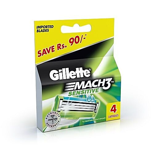 Gillette Mach3 Sensitive Manual Shaving Razor Blades Cartridge, 4 pcs  