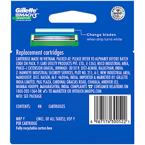 Gillette Mach3 Sensitive Manual Shaving Blades for MenPack of 4 Cartridges, 4 pcs  4X Blades, Imported Blades