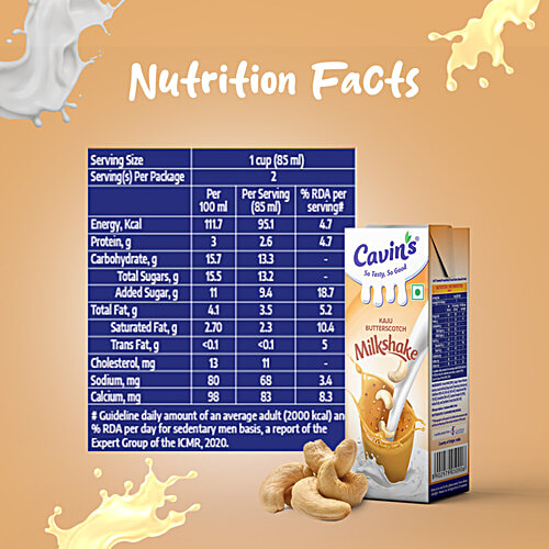 Cavins Kaju Butterscotch Milkshake - With Zinc, Vitamin A & D Added, Immunity Booster, 180 ml Tetra Pak Zinc, Vitamin A & D Added, No Added Preservatives