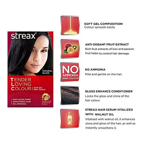 Streax Tlc Hair Colour - No 1 (Non Ammonia), 50 ml + 75 ml Natural Black