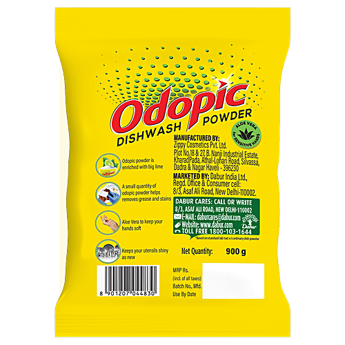Odopic Dishwash Powder, 900 g  50% Less Scrubbing
 Power Carbon
 Big Lime & Charcoal
