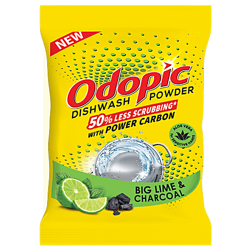 Odopic Dishwash Powder, 900 g  50% Less Scrubbing
 Power Carbon
 Big Lime & Charcoal