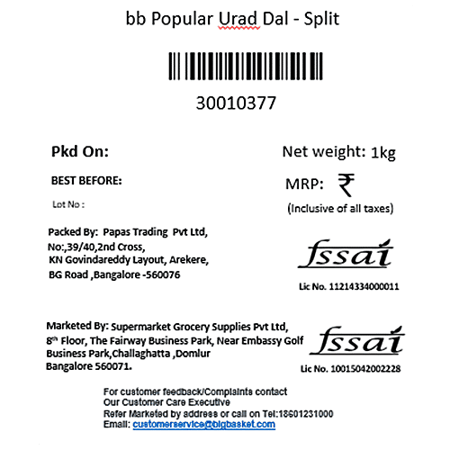 bb Popular Urad Dal - Split, 1 kg Pouch 