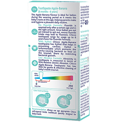 Chicco Toothpaste - Mela-Apple Banana, 6M+, No Fluoride, 50 g  No Fluoride