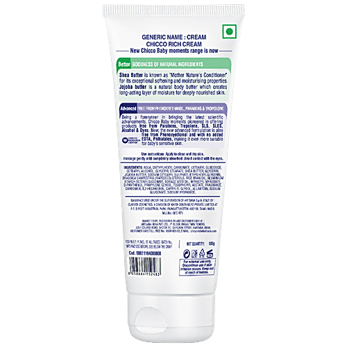 Chicco Baby Moments - Rich Cream, Shea & Jojoba Butter, For Extra Rich Moisturisation, 100 ml Parabens Free